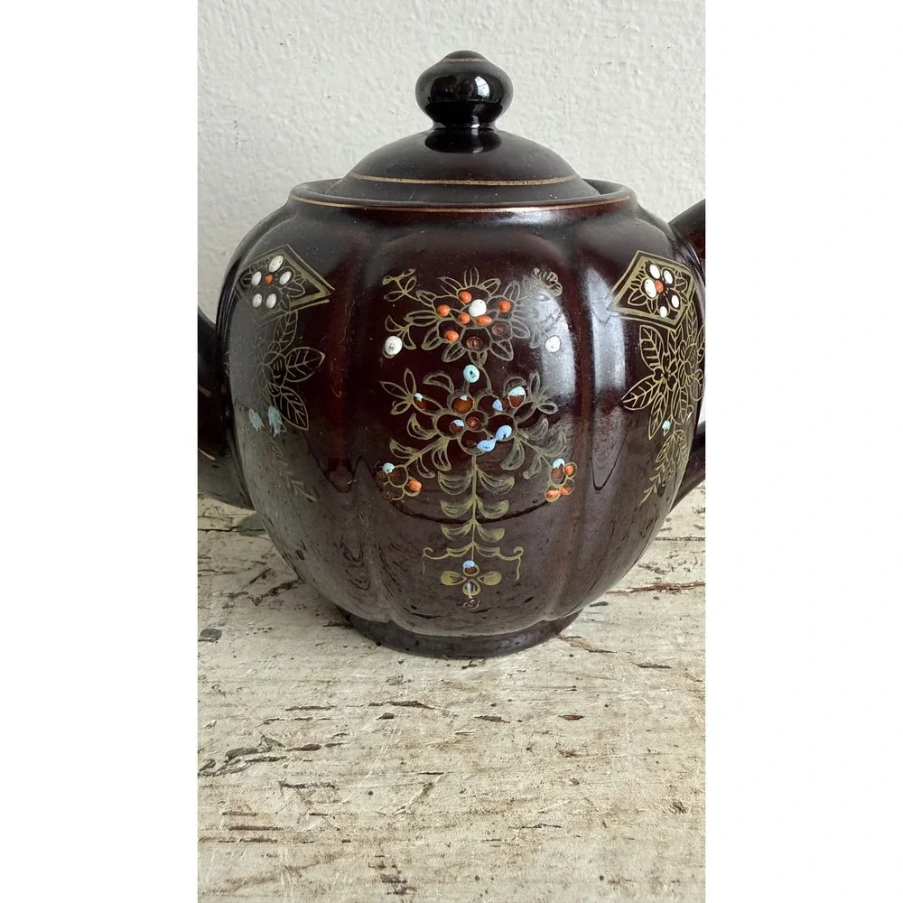 Vintage Japanese Brown Moriage Floral Teapot Hand Painted Made in Japan